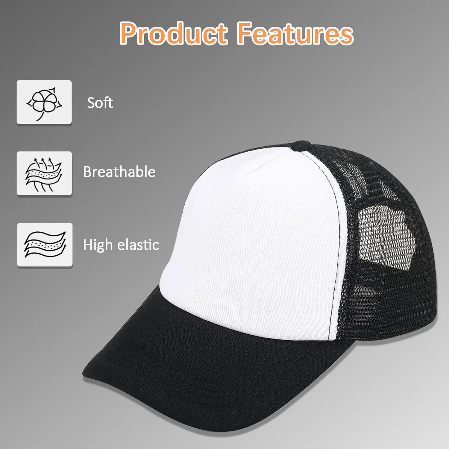5 Pack Sublimation Blank Baseball Cap Adjustable Hat Polyester Mesh Trucker Hats for Men and Women