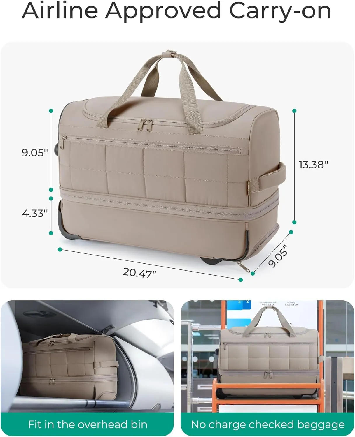 BAGSMART 40L Rolling Duffle Bag with Wheels and Handle, TSA Underseat Carry On Bags for Travel with Shoe Compartment, Pink