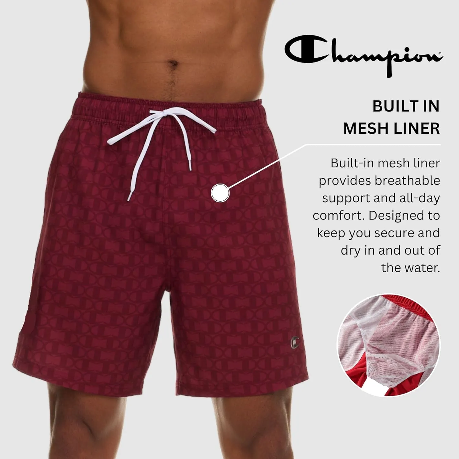 Champion Mens Swim Trunks with Mesh Liner, 7" Inseam Quick Drying Mens Bathing Suit, Board Shorts for Swimming and Beach