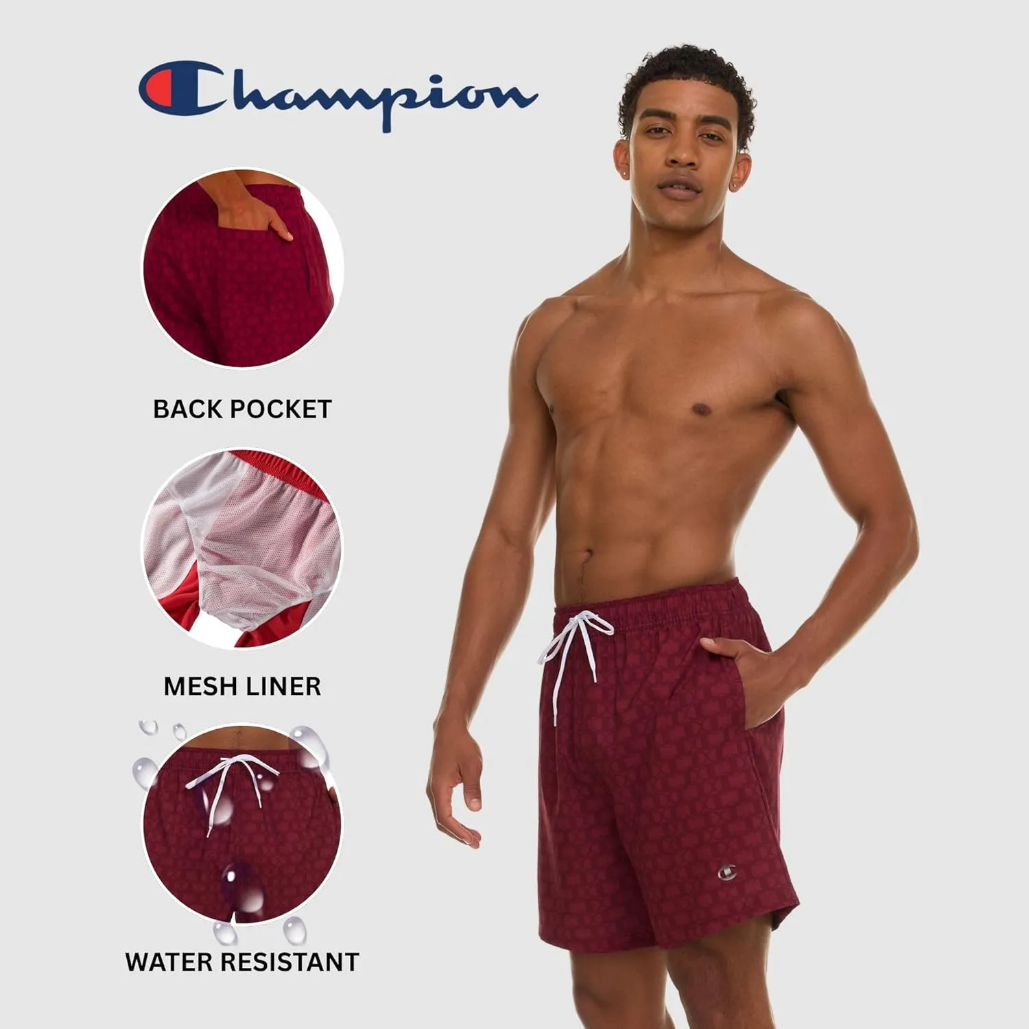 Champion Mens Swim Trunks with Mesh Liner, 7" Inseam Quick Drying Mens Bathing Suit, Board Shorts for Swimming and Beach