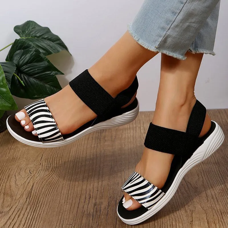 Comfortable flat sandals peep toe slingback elastic strap slip on sandals