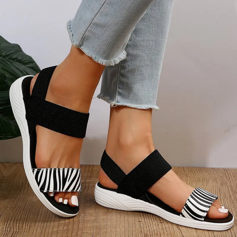 Comfortable flat sandals peep toe slingback elastic strap slip on sandals