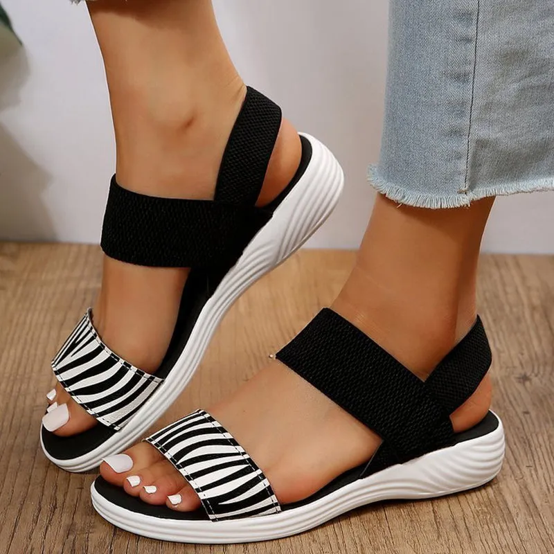 Comfortable flat sandals peep toe slingback elastic strap slip on sandals