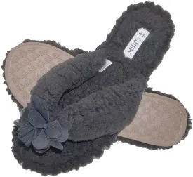 Millffy Plush Cozy Faux Shearling Thong Slide On Sherpa Womens Flip-Flops Slippers with Flowers
