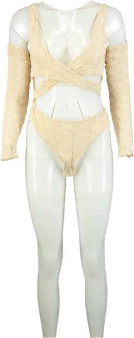 Pretty Little Thing Stone Textured Cross Front Cold Shoulder Bodysuit UK 12