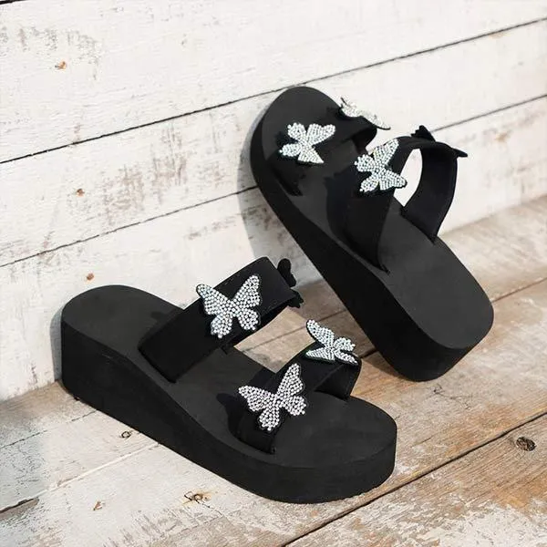 Women's Rhinestone Butterfly Wedge Sandals with Thick Soles 60814890C